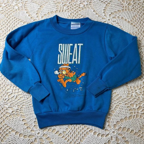 Vintage 1980s Garfield Blue Pullover Crewneck Sweat Shirt 8-10 Years - Picture 1 of 8